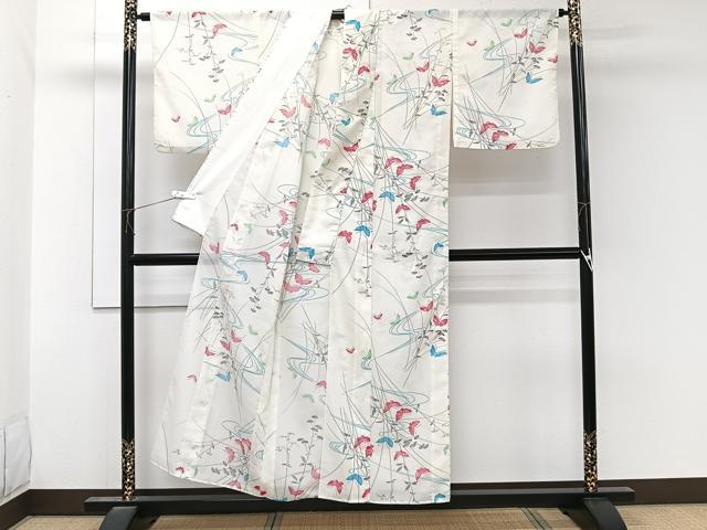 平和屋着物＊夏物　小紋　絽　流水花蝶文　洗える着物　CABL6886xi