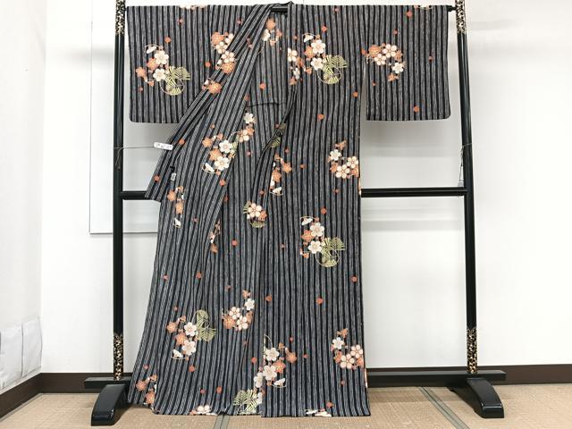 平和屋着物＊ファッションブランド　hiromichi nakano　ヒロミチナカノ　夏物　小紋　紗　飾り草花文　黒地　洗える着物　CABL6892xi