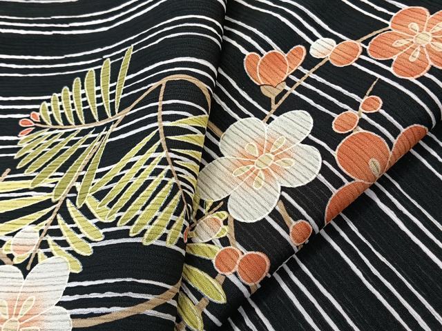 平和屋着物＊ファッションブランド　hiromichi nakano　ヒロミチナカノ　夏物　小紋　紗　飾り草花文　黒地　洗える着物　CABL6892xi