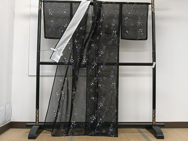 平和屋着物＊夏物　小紋　紗　枝萩トンボ　黒地　洗える着物　CABL6897xi