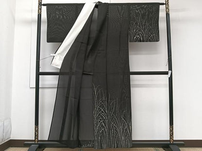 平和屋着物＊夏物　訪問着　絽　ろうけつ染め　草文　黒地　正絹　逸品　CABL6912xi