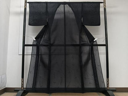 平和屋着物＊夏物　色無地　紗　枝葉文　紫黒色　正絹　逸品　CABL6953xi