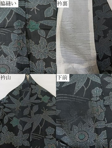 平和屋着物＊夏物　小紋　紗　草花文　黒地　洗える着物　CABL6972xi