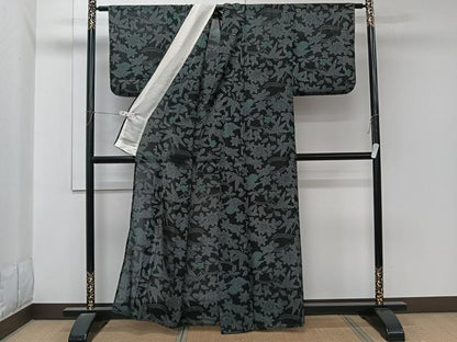 平和屋着物＊夏物　小紋　紗　草花文　黒地　洗える着物　CABL6972xi