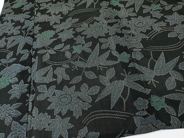 平和屋着物＊夏物　小紋　紗　草花文　黒地　洗える着物　CABL6972xi