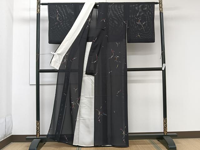 平和屋着物＊夏物　小紋　絽　抽象文　黒地　正絹　逸品　CABL6973xi