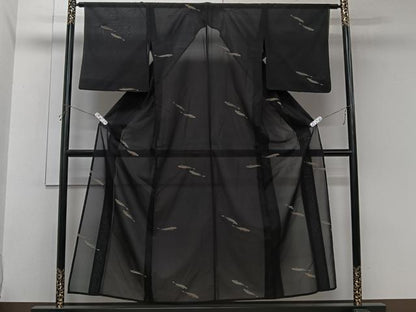 平和屋着物＊夏物　紗紬　魚　黒地　正絹　逸品　CABL7002xi