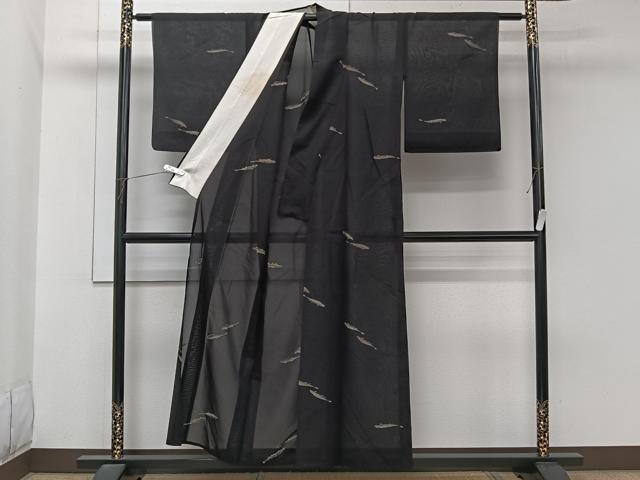 平和屋着物＊夏物　紗紬　魚　黒地　正絹　逸品　CABL7002xi