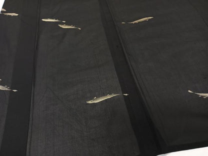 平和屋着物＊夏物　紗紬　魚　黒地　正絹　逸品　CABL7002xi