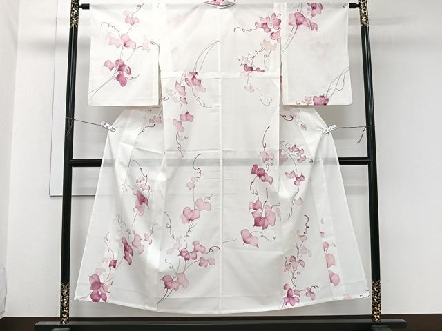 平和屋着物＊夏物　小紋　絽　手描き　蔦の葉文　洗える着物　CABL7009xi