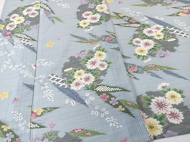 平和屋着物＊夏物　小紋　紗　雪輪草花文　洗える着物　CABL7016xi
