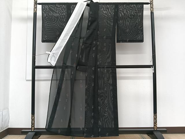 平和屋着物＊夏物　小紋　絽　舞花文　黒地　洗える着物　未使用　CABL7020xi