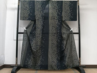 平和屋着物＊夏物　小紋　紗　蔦の葉文　黒地　洗える着物　CABL7034xi