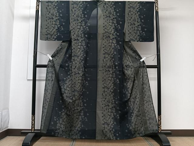 平和屋着物＊夏物　小紋　紗　蔦の葉文　黒地　洗える着物　CABL7034xi