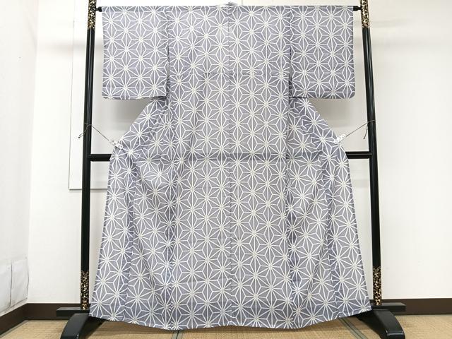 平和屋着物＊夏物　小紋　紗　麻の葉文　暈し染め　洗える着物　CABL7035xi