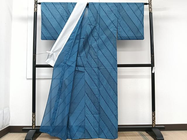 平和屋着物＊夏物　小紋　絽　斜線青海波文　洗える着物　CABL7041xi