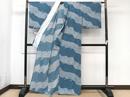 平和屋着物＊夏物　小紋　絽縮緬　立波文　洗える着物　CABL7084xi