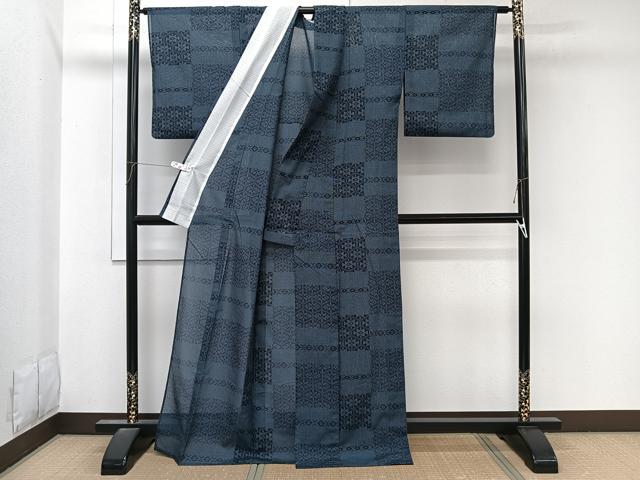 平和屋着物＊夏物　小紋　紗　色紙亀甲文様　さんび謹製　証紙付き　洗える着物　CABL7088xi