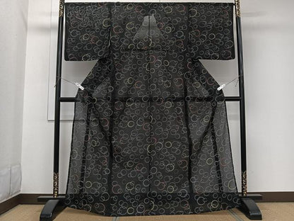 平和屋着物＊夏物　小紋　絽　丸重ね文　黒地　洗える着物　CABL7093xi