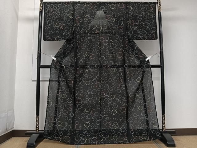 平和屋着物＊夏物　小紋　絽　丸重ね文　黒地　洗える着物　CABL7093xi