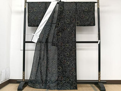 平和屋着物＊夏物　小紋　絽　丸重ね文　黒地　洗える着物　CABL7093xi