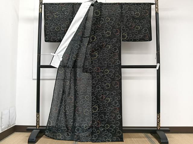 平和屋着物＊夏物　小紋　絽　丸重ね文　黒地　洗える着物　CABL7093xi