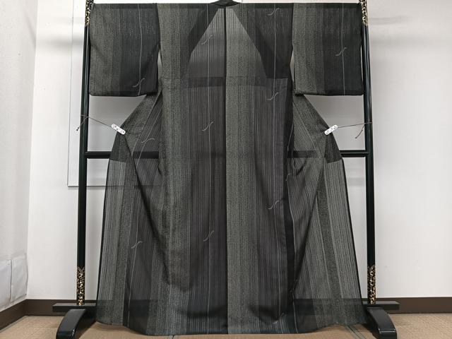 平和屋着物＊夏物　小紋　紗　間道　黒地　洗える着物　CABL7100xi