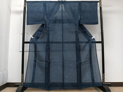平和屋着物＊夏物　小紋　浴衣兼用　絹紅梅　藍　型染め　切嵌麻の葉文　絹　綿　CABL7105