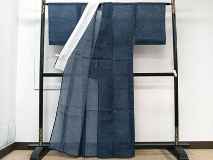 平和屋着物＊夏物　小紋　浴衣兼用　絹紅梅　藍　型染め　切嵌麻の葉文　絹　綿　CABL7105