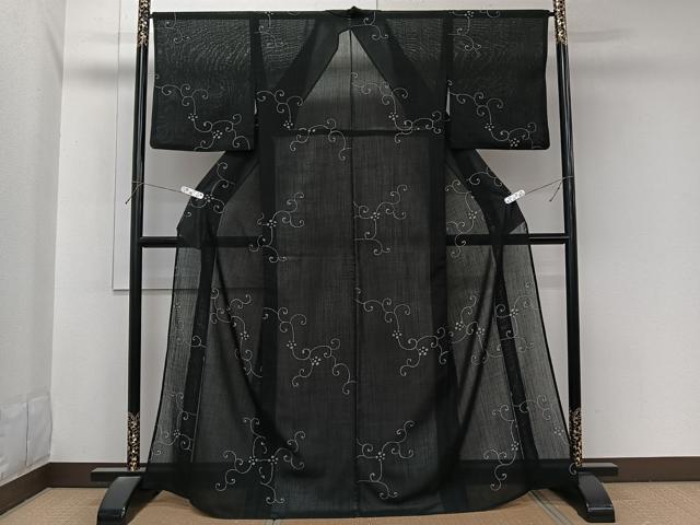 平和屋着物＊夏物　小紋　紗　花唐草文　黒地　洗える着物　CABL7108xi