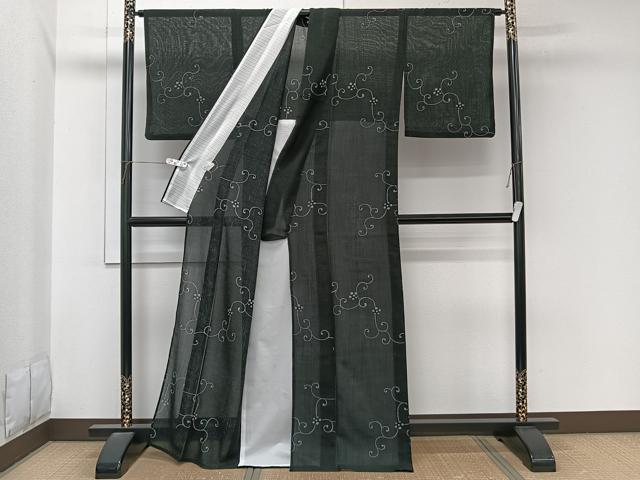 平和屋着物＊夏物　小紋　紗　花唐草文　黒地　洗える着物　CABL7108xi