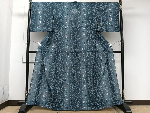 平和屋着物＊夏物　小紋　紗　間道水玉麻の葉文　洗える着物　CABL7120xi