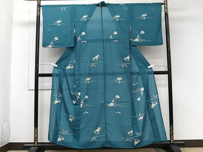 平和屋着物＊夏物　小紋　絽縮緬　草花文　金彩　洗える着物　CABL7121xi