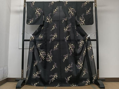 平和屋着物＊夏物　小紋　絽　枝草花文　黒地　洗える着物　CABL7125xi