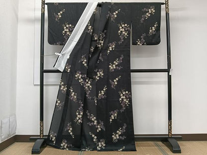 平和屋着物＊夏物　小紋　絽　枝草花文　黒地　洗える着物　CABL7125xi
