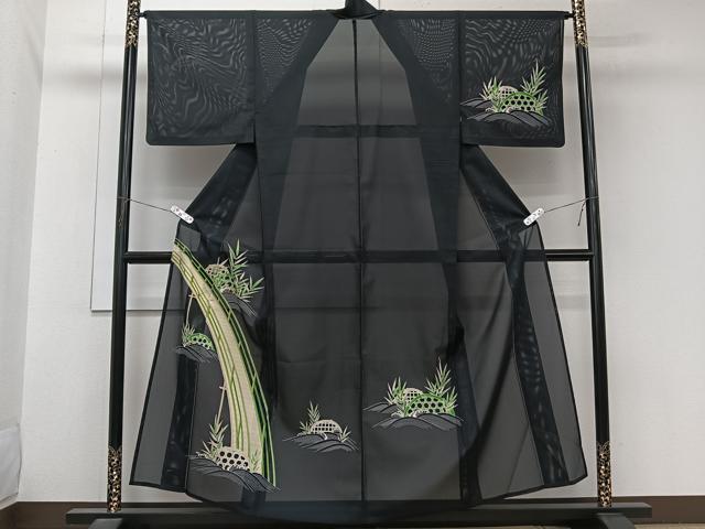平和屋着物＊夏物　男性　訪問着　絽　渡橋籬草文　黒地　洗える着物　CABL7134xi
