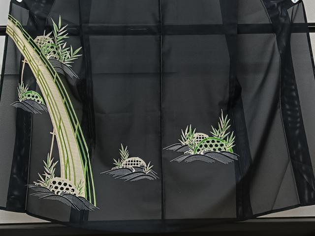平和屋着物＊夏物　男性　訪問着　絽　渡橋籬草文　黒地　洗える着物　CABL7134xi