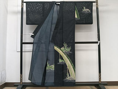 平和屋着物＊夏物　男性　訪問着　絽　渡橋籬草文　黒地　洗える着物　CABL7134xi