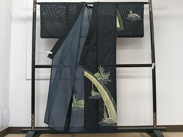 平和屋着物＊夏物　男性　訪問着　絽　渡橋籬草文　黒地　洗える着物　CABL7134xi