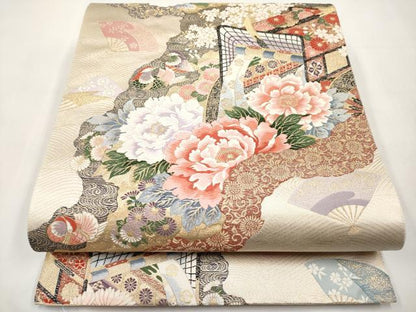 平和屋本店▼六通柄袋帯　唐織　御所車草花文　純金箔24K　正絹　逸品　CABL7604tx