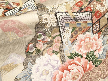 平和屋本店▼六通柄袋帯　唐織　御所車草花文　純金箔24K　正絹　逸品　CABL7604tx