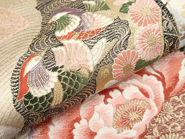 平和屋本店▼六通柄袋帯　唐織　御所車草花文　純金箔24K　正絹　逸品　CABL7604tx