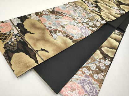 平和屋本店▼六通柄袋帯　唐織　扇面花鳥文　本金箔九百錦　黒地　正絹　逸品　CABL7608tx