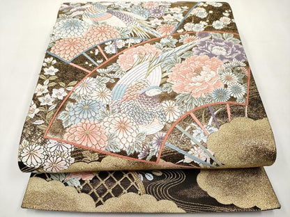 平和屋本店▼六通柄袋帯　唐織　扇面花鳥文　本金箔九百錦　黒地　正絹　逸品　CABL7608tx