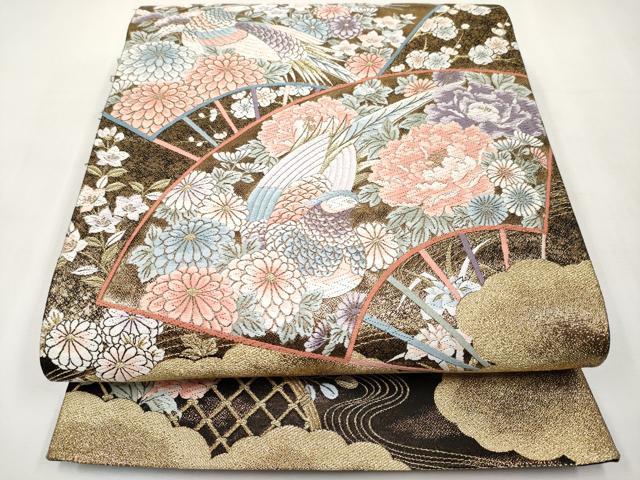平和屋本店▼六通柄袋帯　唐織　扇面花鳥文　本金箔九百錦　黒地　正絹　逸品　CABL7608tx