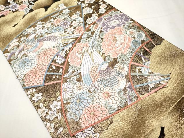 平和屋本店▼六通柄袋帯　唐織　扇面花鳥文　本金箔九百錦　黒地　正絹　逸品　CABL7608tx