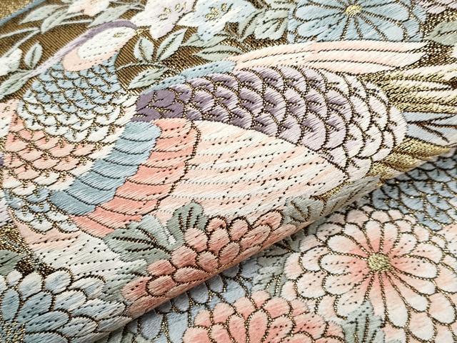 平和屋本店▼六通柄袋帯　唐織　扇面花鳥文　本金箔九百錦　黒地　正絹　逸品　CABL7608tx