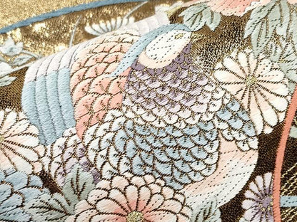 平和屋本店▼六通柄袋帯　唐織　扇面花鳥文　本金箔九百錦　黒地　正絹　逸品　CABL7608tx