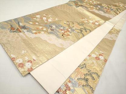 平和屋本店▼六通柄袋帯　唐織　絵巻道長文　純金二重箔　正絹　逸品　CABL7609tx