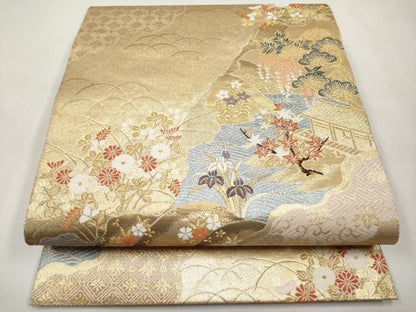 平和屋本店▼六通柄袋帯　唐織　絵巻道長文　純金二重箔　正絹　逸品　CABL7609tx
